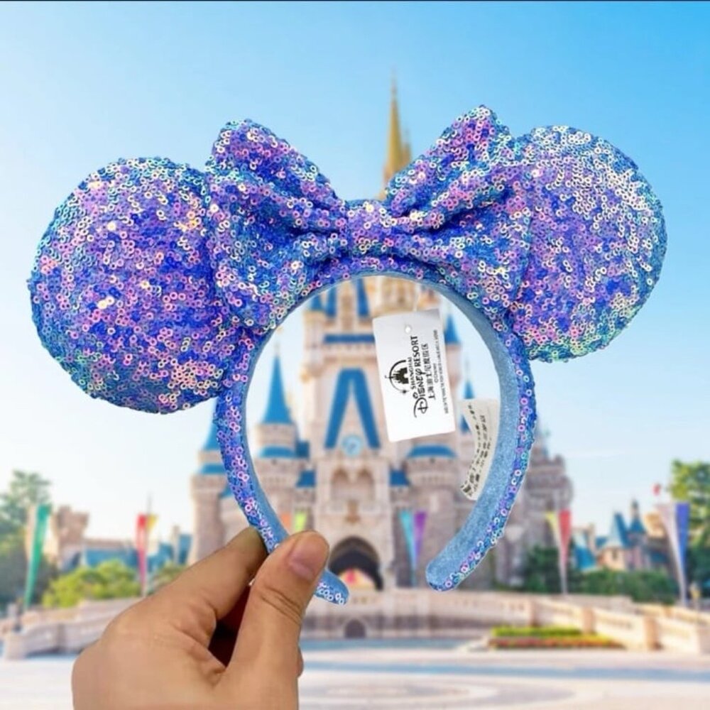 Disney Parks Aurora Blue & Pink Sequin Bow Minnie Mouse Ears Headband